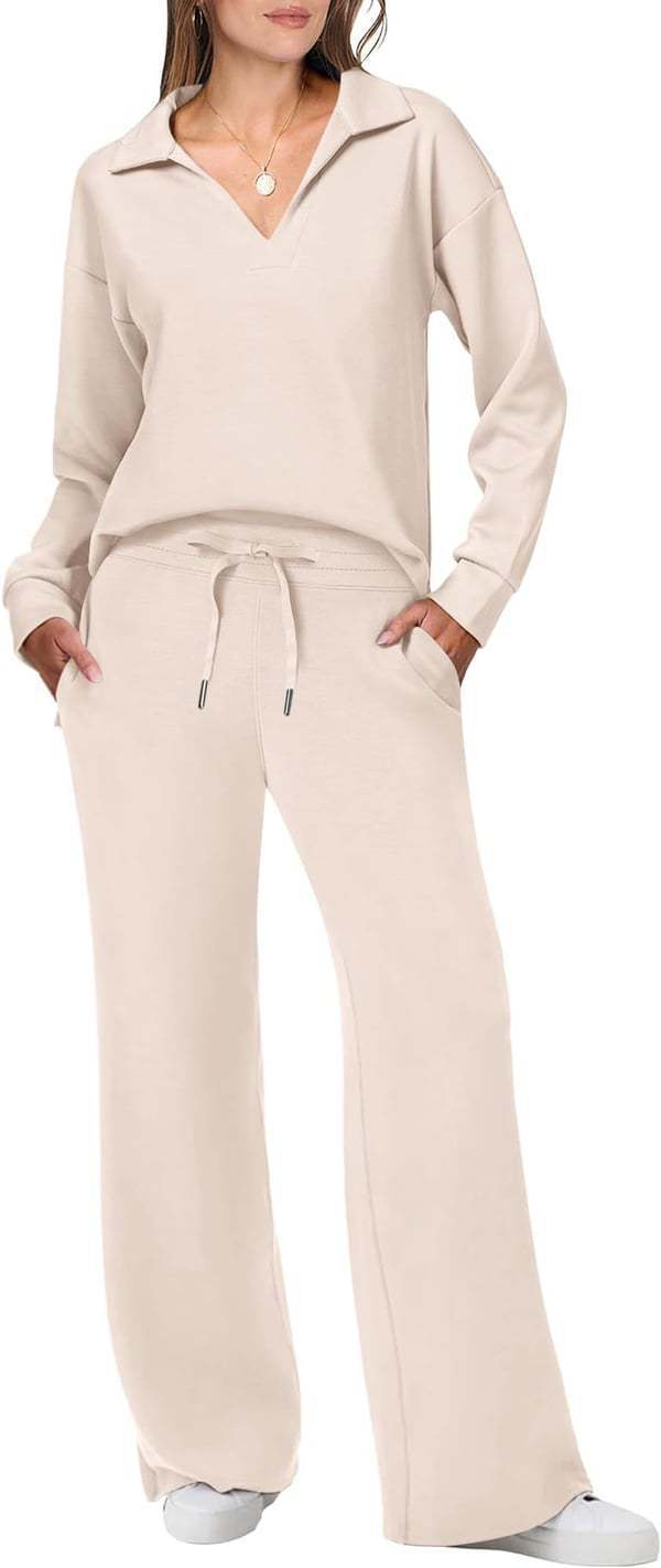 Women's Casual Lounge Set with Wide Cut and Cozy V-Neck