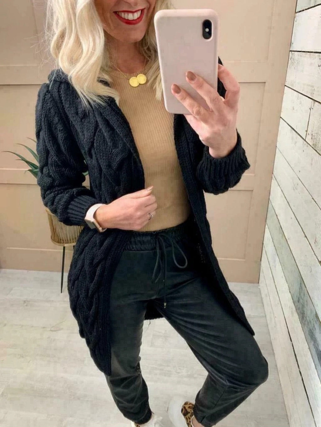 Women's Chunky Knit Cardigan with Hood and Cable Knit Pattern