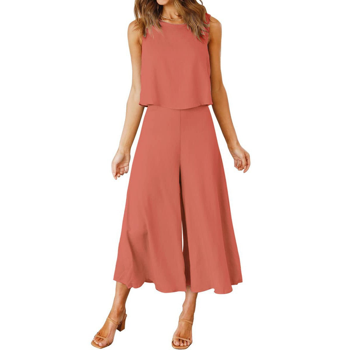 Women's Airy Two-Piece Set with Sleeveless Top and Flowy Wide-Leg Pants