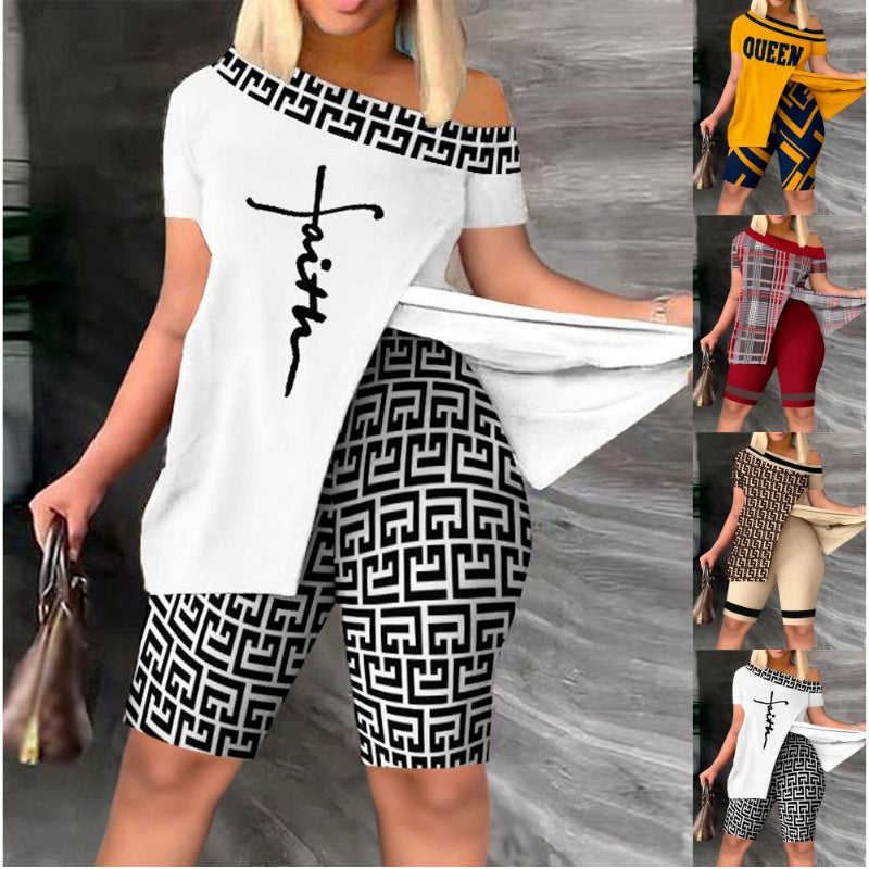 Women's Casual Asymmetrical Top and Biker Shorts Set
