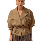 Women's Elegant Utility Jacket with Waist Belt and Practical Pockets