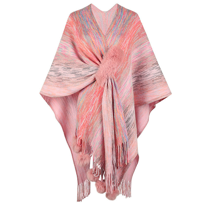 Fashionable Poncho with Luxurious Faux Fur Trim and Creative Fringe