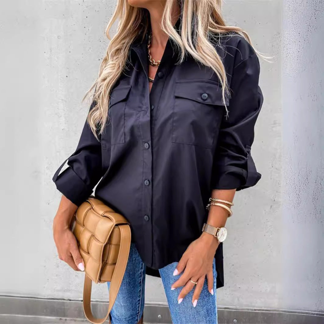 Women's Fashionable Shirt Blouse with Chest Pockets and Casual Cut