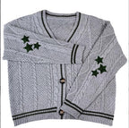 Women's Chunky Knit Cardigan with Unique Cable Structure and Decorative Stars