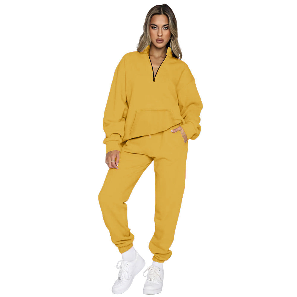Women's Comfortable Leisure Outfit with High Collar and Kangaroo Pocket