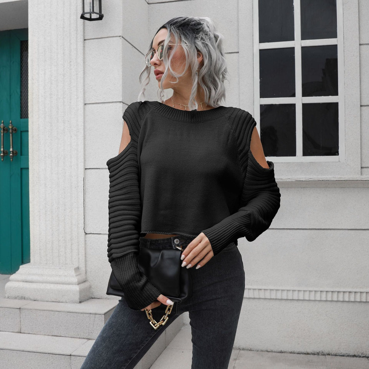 Women's Off-Shoulder Cropped Ribbed Sweater