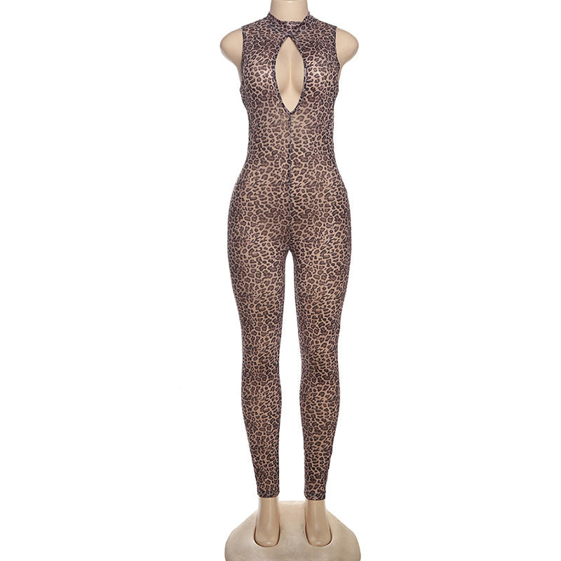 Women's Form-Fitting Jumpsuit with Deep Neckline and Leopard Print