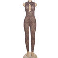 Women's Form-Fitting Jumpsuit with Deep Neckline and Leopard Print