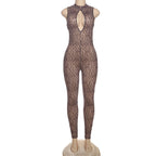 Women's Form-Fitting Jumpsuit with Deep Neckline and Leopard Print