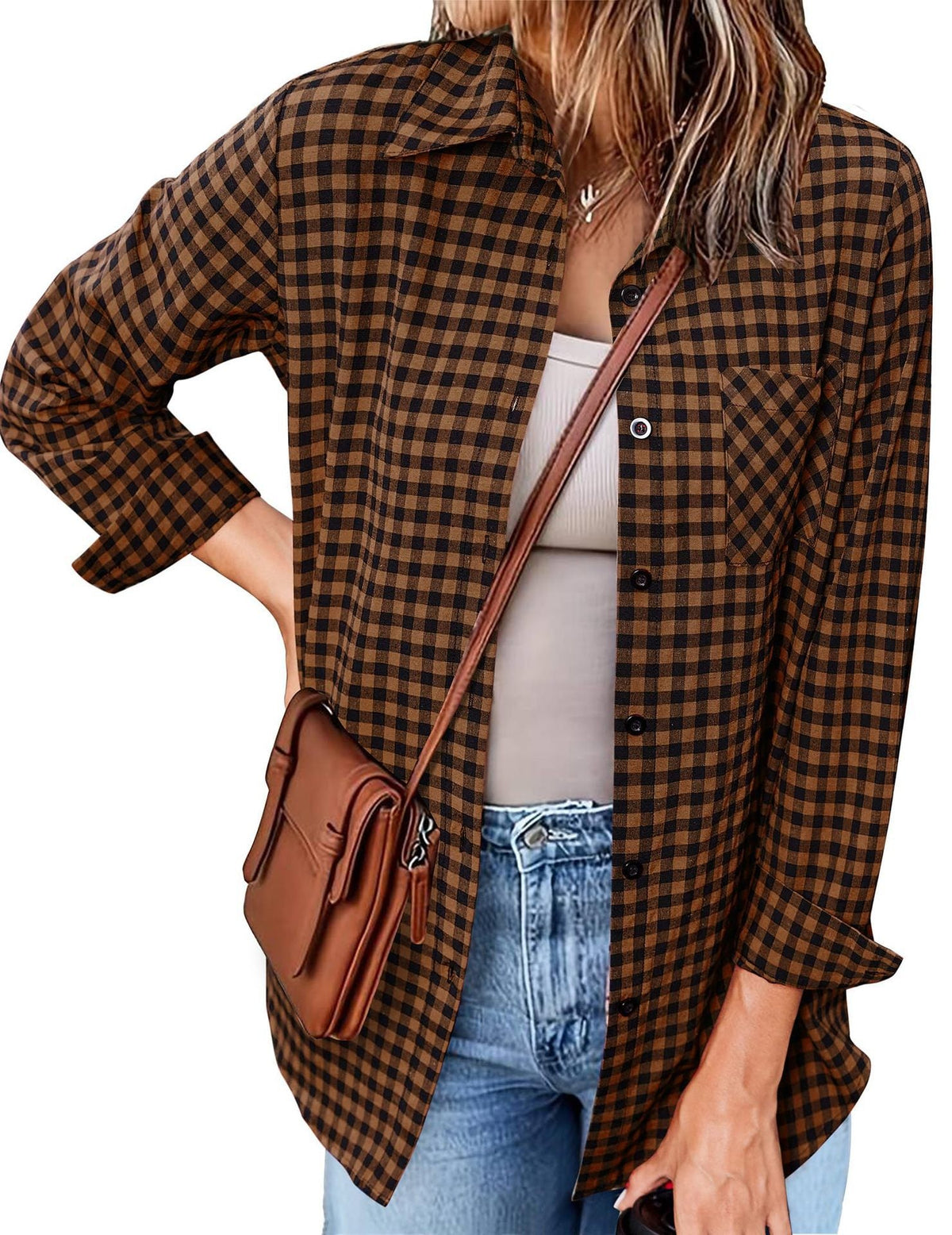 Women's Plaid Shirt with Casual Cut and Chest Pocket