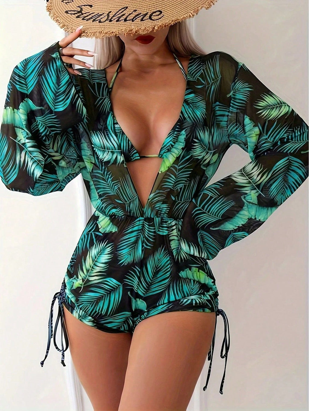 Women's V-Neck Swimsuit with Palm Print