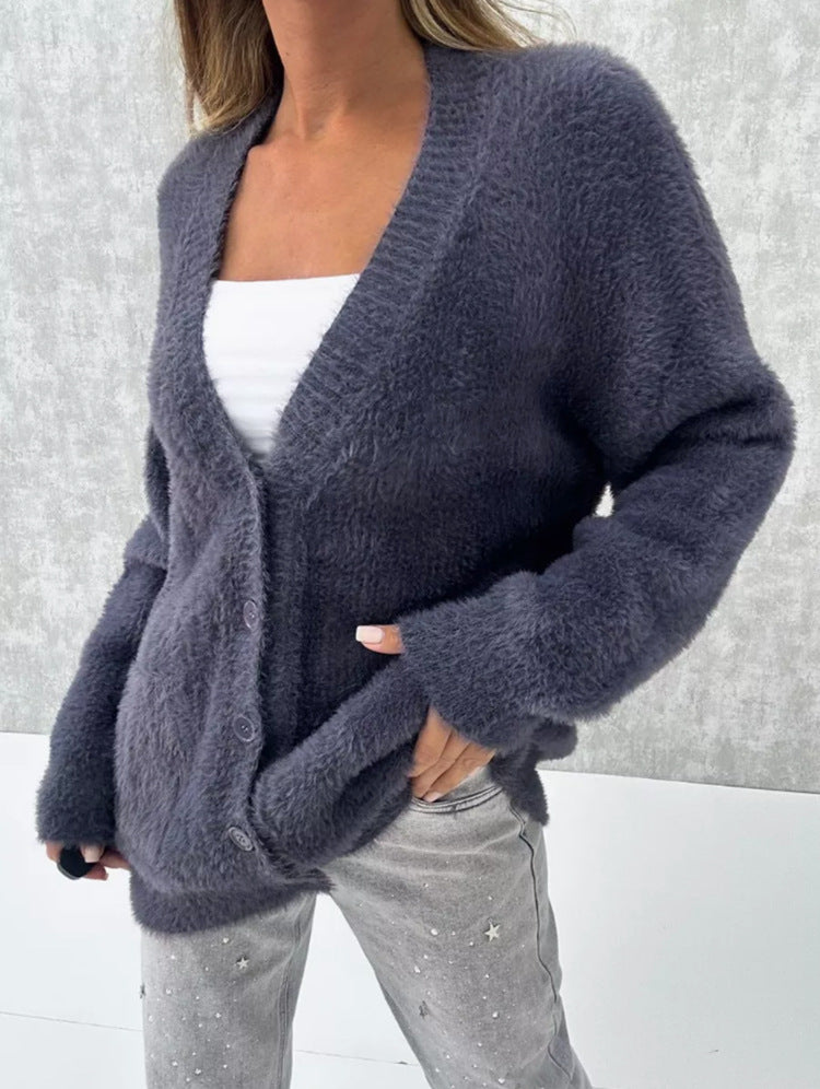 Women's Fluffy Button-Down Cardigan with Loose Fit