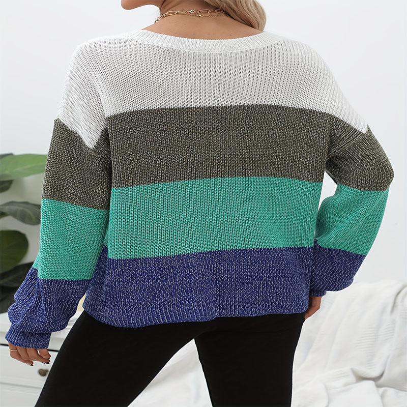 Women's Casual Sweater with Trendy Block Stripe Pattern