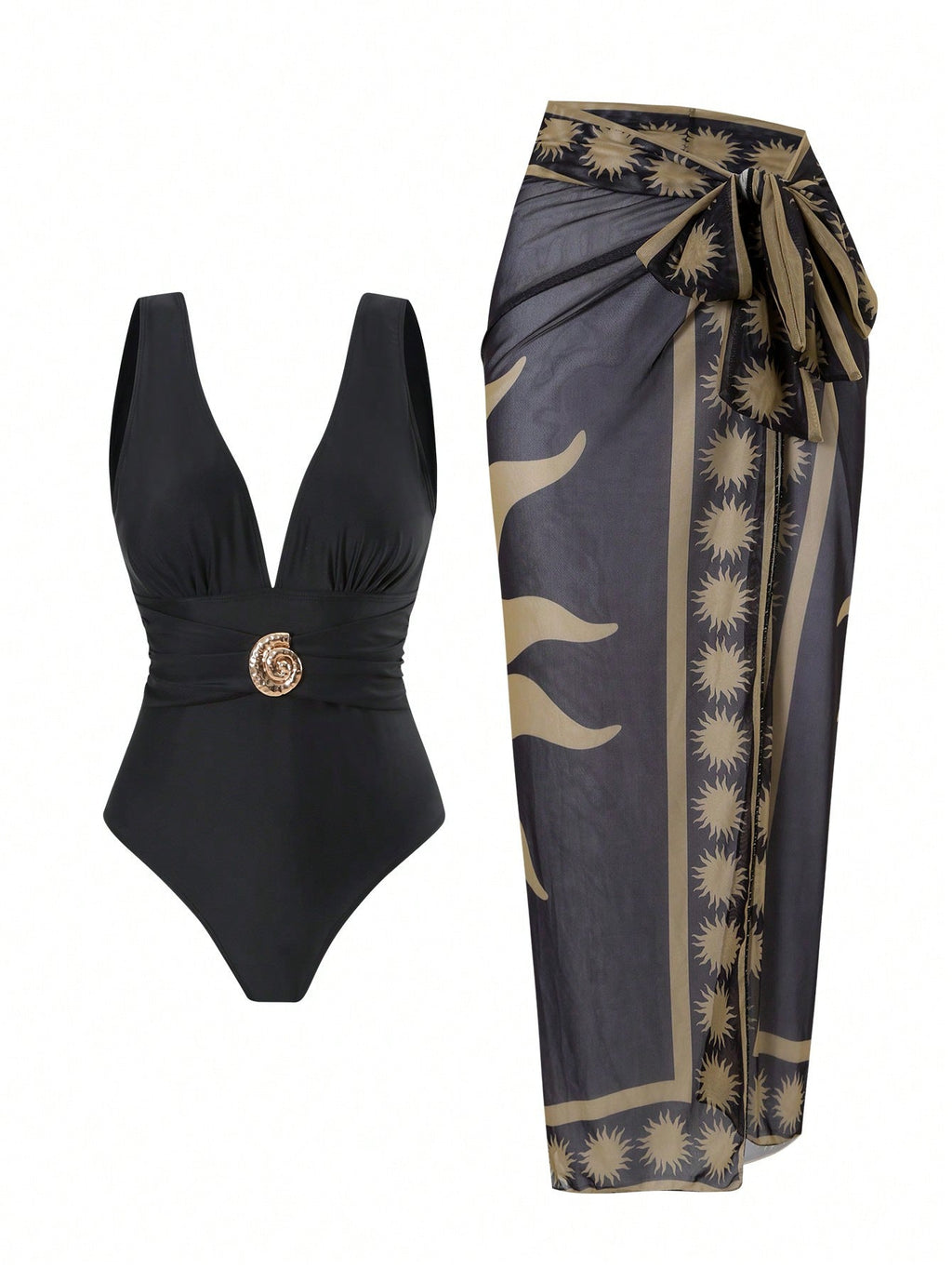 Women's Swimsuit with Feminine Wrap Skirt and Elegant Jewelry Detail
