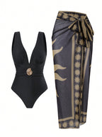 Women's Swimsuit with Feminine Wrap Skirt and Elegant Jewelry Detail