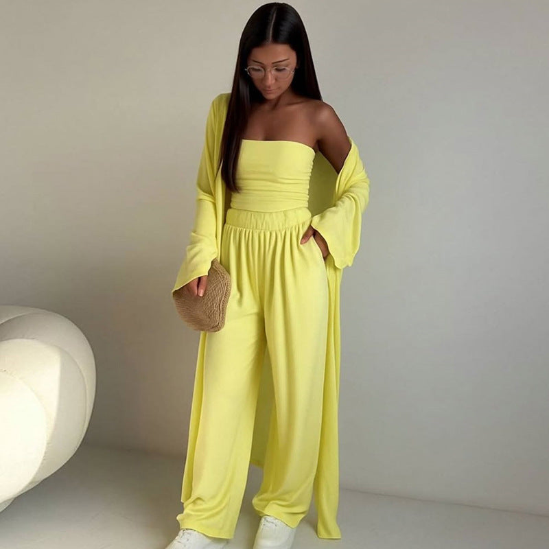 Women's Elegant 3-Piece Set with Wide-Leg Trousers and Fitted Top