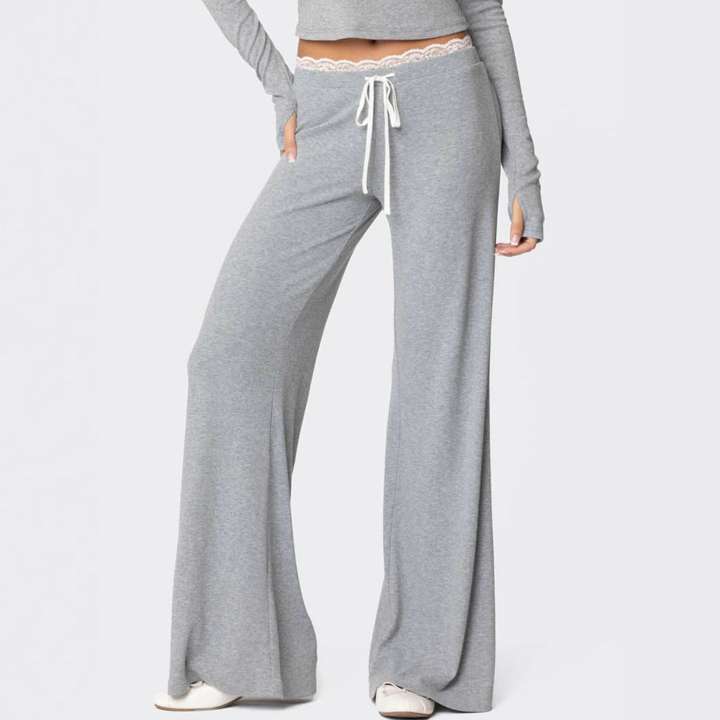 Women's Light Gray Casual Pants with Elastic Waistband and Lace Trim