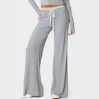 Women's Light Gray Casual Pants with Elastic Waistband and Lace Trim