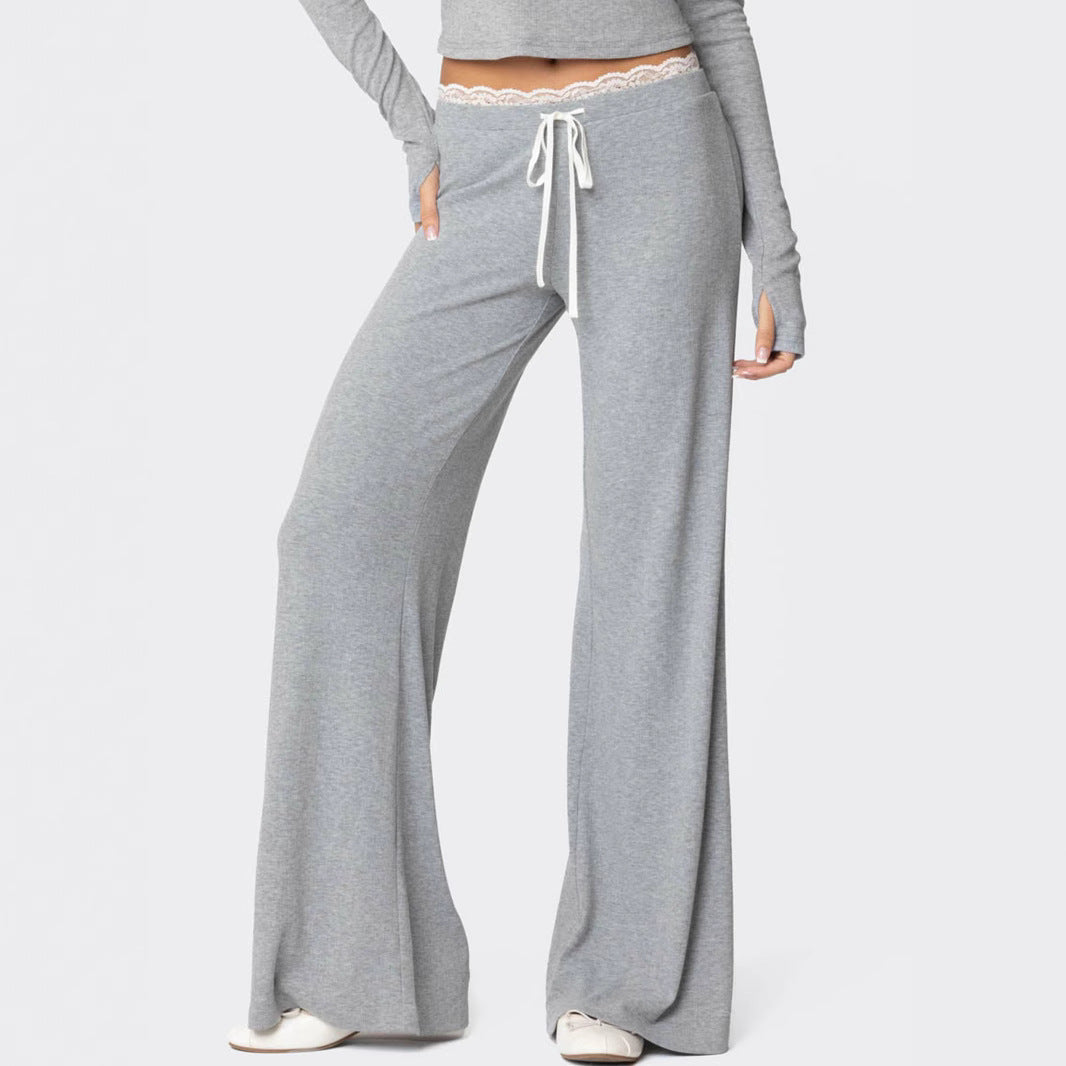 Women's Light Gray Casual Pants with Elastic Waistband and Lace Trim
