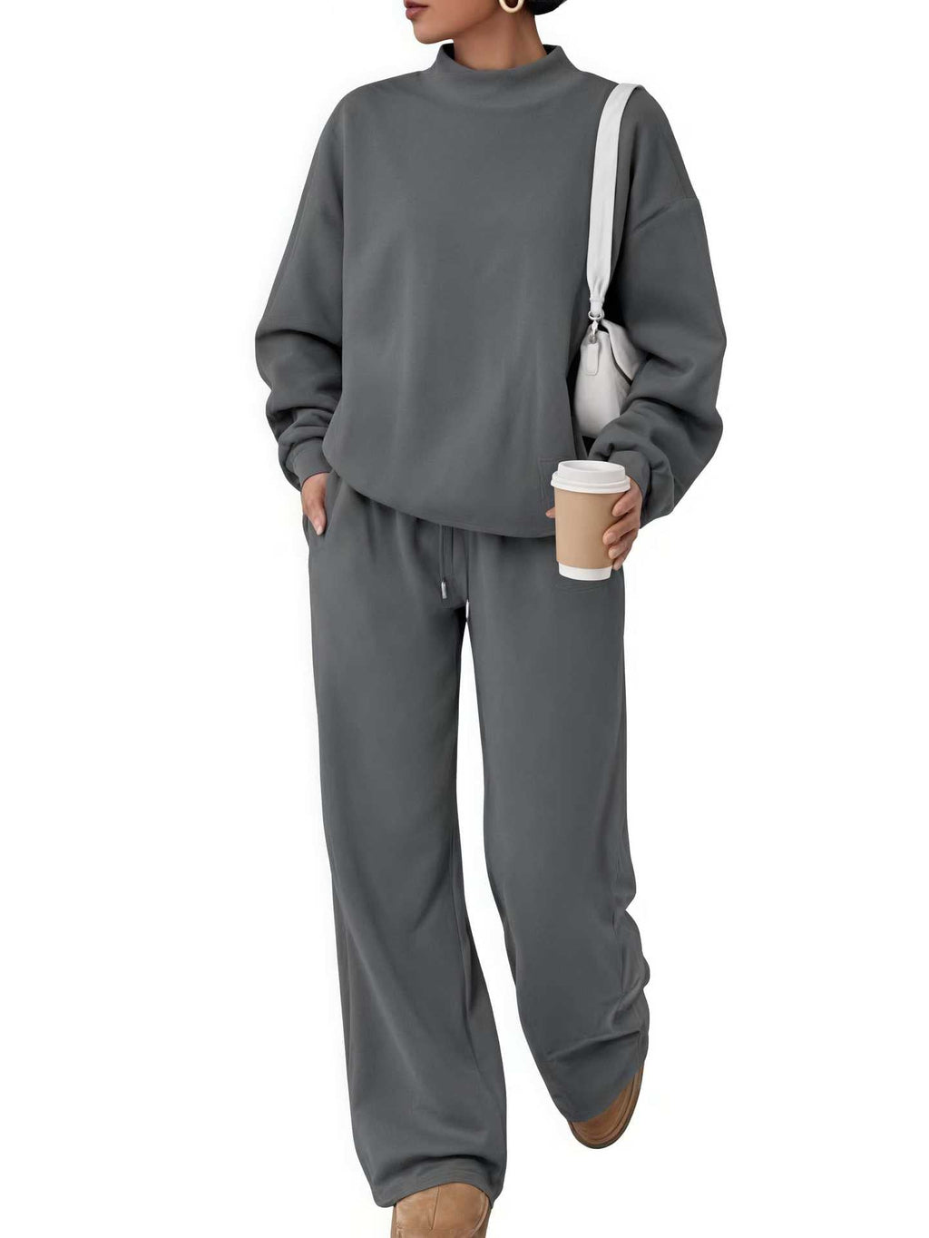 Women's Casual Lounge Set with High Stand-Up Collar and Loose Sweatpants
