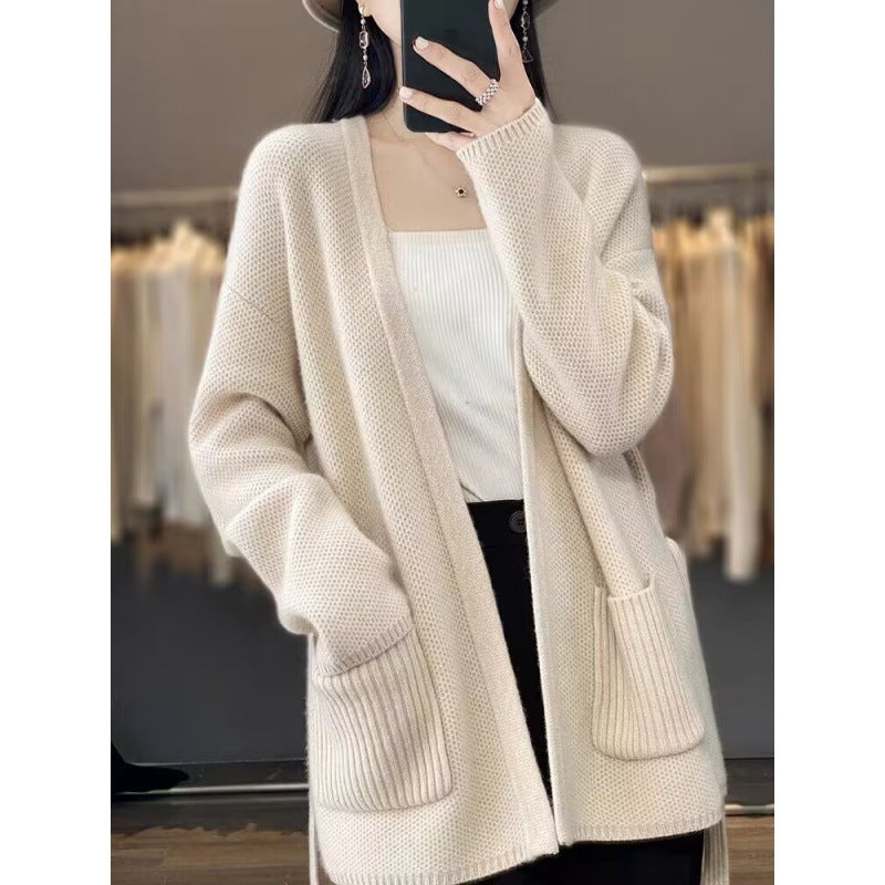 Women's Comfortable Cardigan with Waist Belt and Pockets