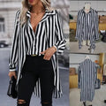 Women's Long-Sleeve Striped Shirt with Asymmetrical Hem