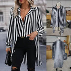 Women's Long-Sleeve Striped Shirt with Asymmetrical Hem