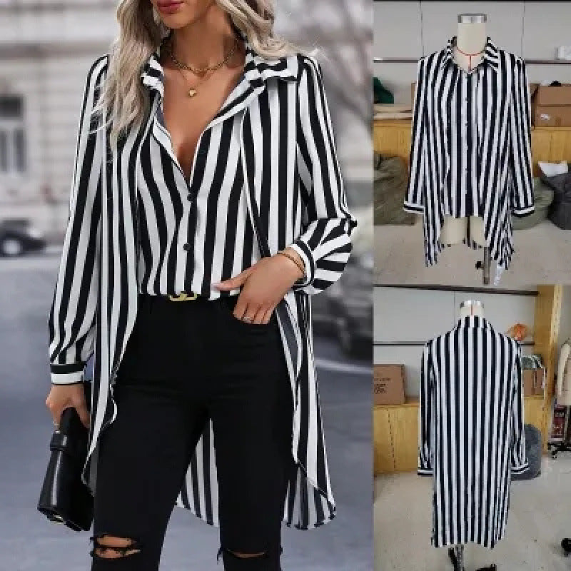 Women's Long-Sleeve Striped Shirt with Asymmetrical Hem