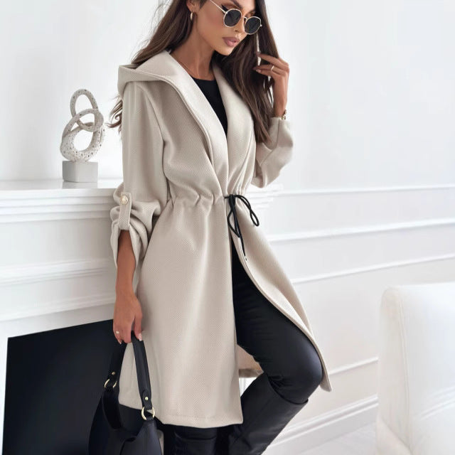 Loose Hooded Sweatcoat with Adjustable Waist and Elegant Details