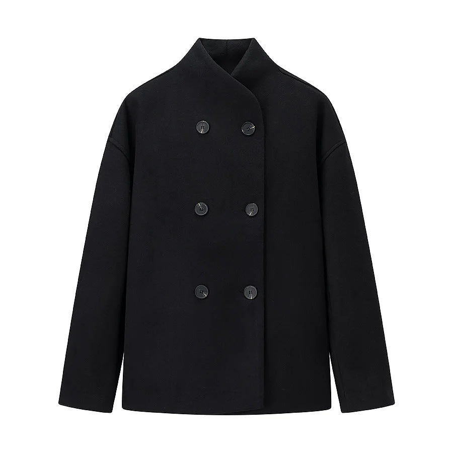Elegant Women's Winter Jacket with Double-Breasted Button Front and Stand-Up Collar