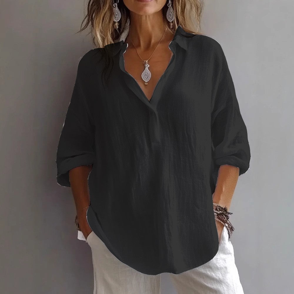 Women's Casual Linen Shirt with Button Placket and Wide Sleeves