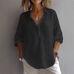 Women's Casual Linen Shirt with Button Placket and Wide Sleeves