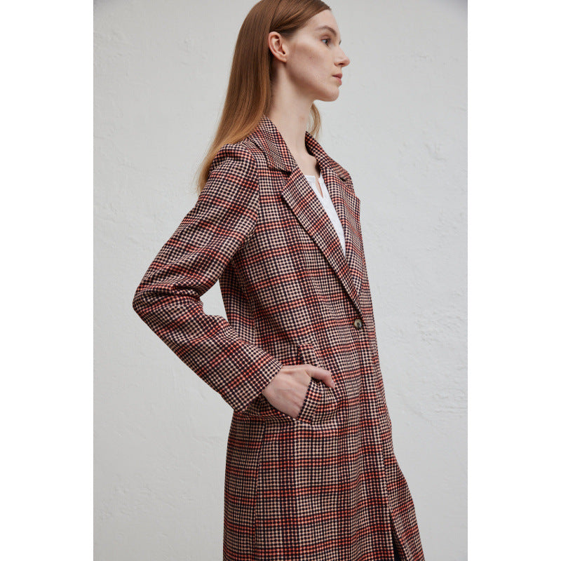 Women's Elegant Plaid Coat with Double-Breasted Button Closure and Casual Fit