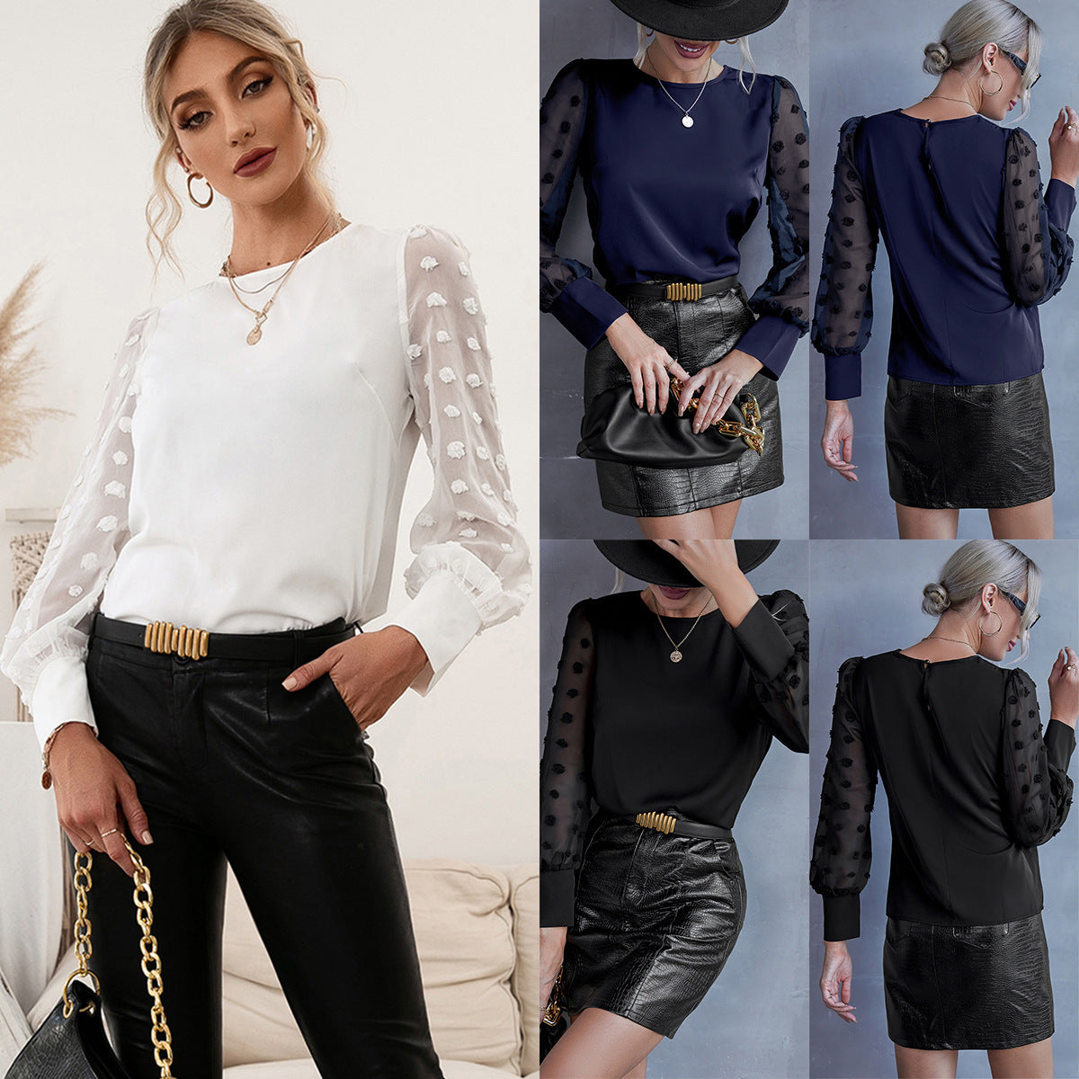 Women's Blouse with Sheer Puff Sleeves and Decorative Detail