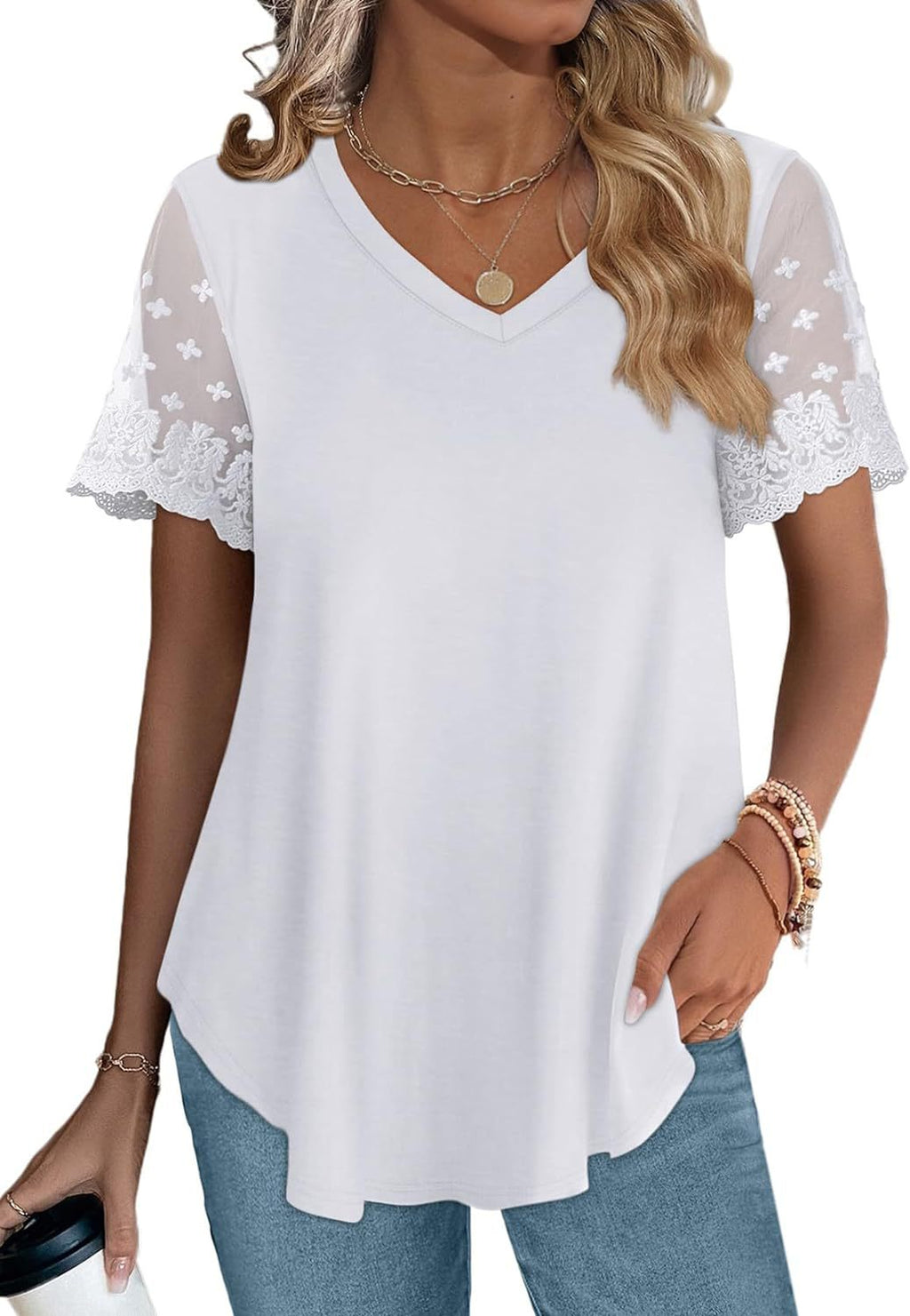 Women's Blouse with Elegant Lace Sleeves and V-Neck