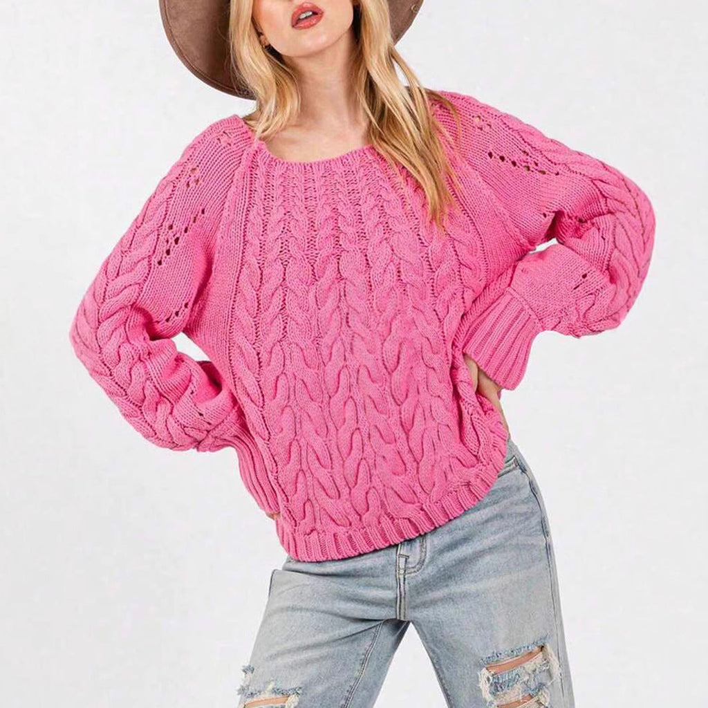 Women's Chunky Knit Sweater with Voluminous Sleeves and Fine Openwork