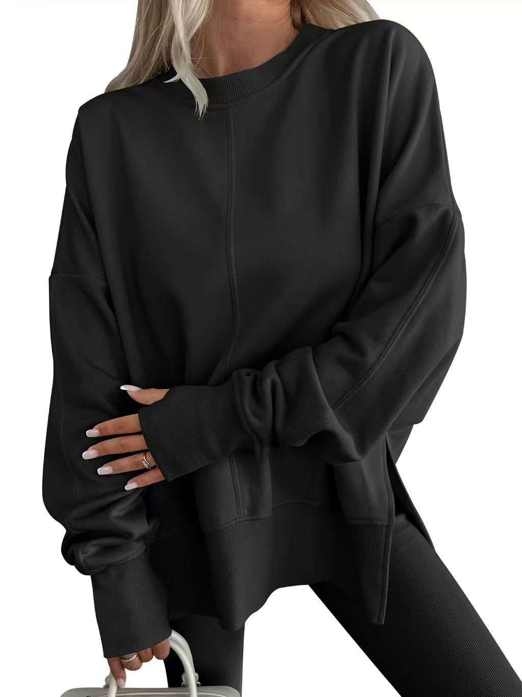 Women's Comfortable Long-Sleeve Sweater with Side Slits