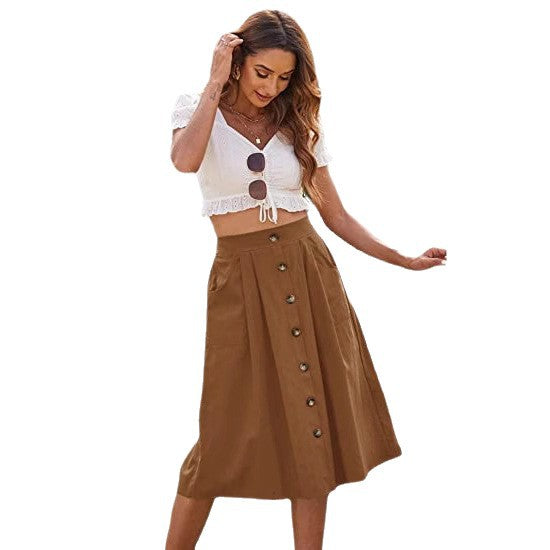 Women's Midi Skirt with Button Placket and Pockets