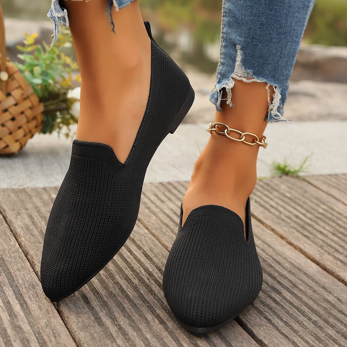 Women's Breathable Knit Slip-Ons with V-Neck Detail