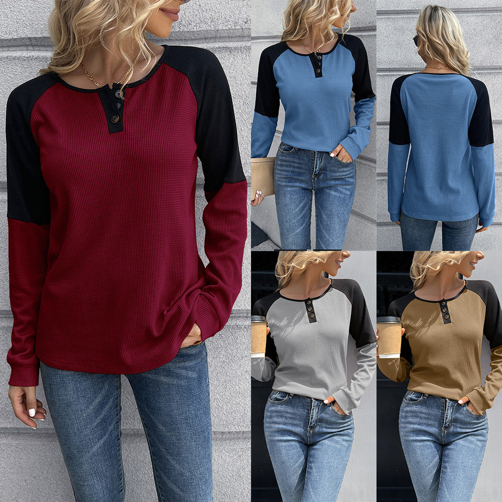 Women's Casual Waffle-Knit Henley Shirt with Contrast Sleeves