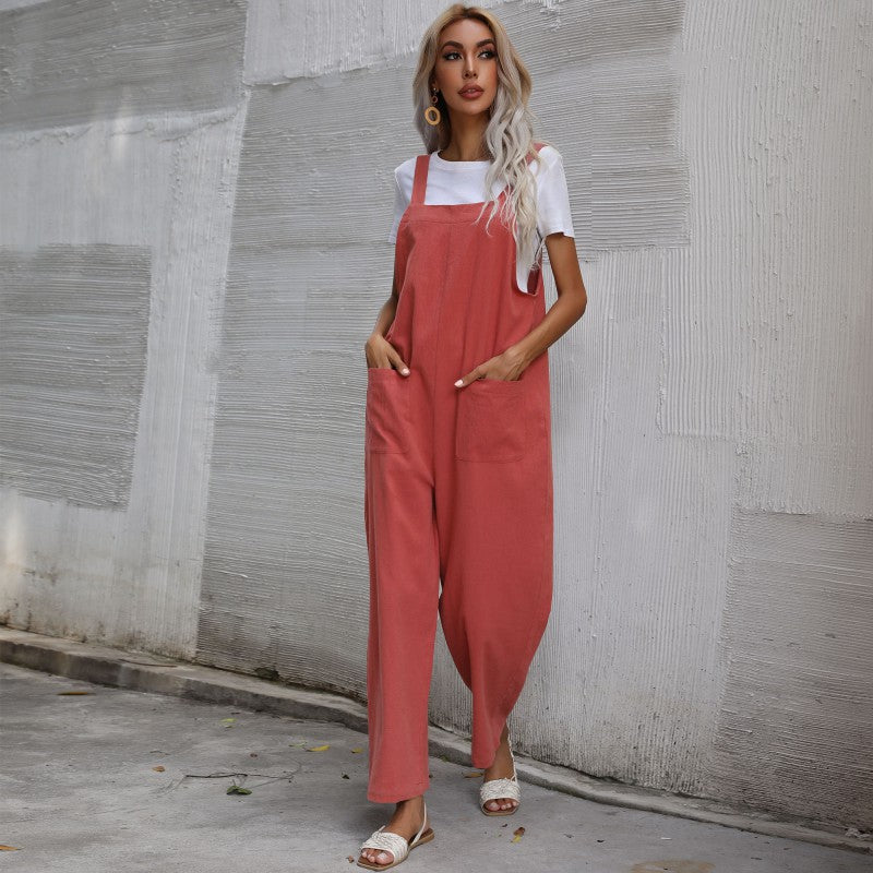 Women's Casual Jumpsuit with Pockets and Adjustable Straps