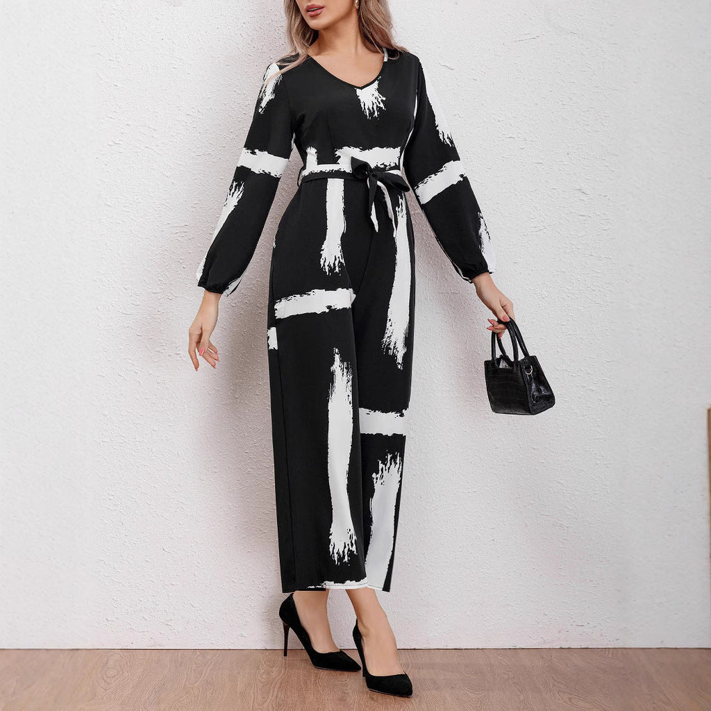 Women's Brushstroke Print Jumpsuit with Belt