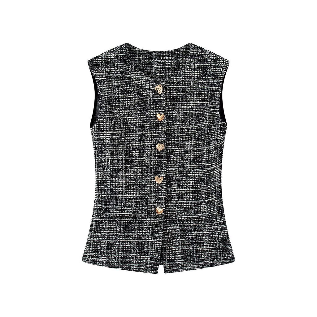 Women's Elegant Plaid Trousers with Slim Cut and Decorative Buttons