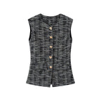 Women's Elegant Plaid Trousers with Slim Cut and Decorative Buttons