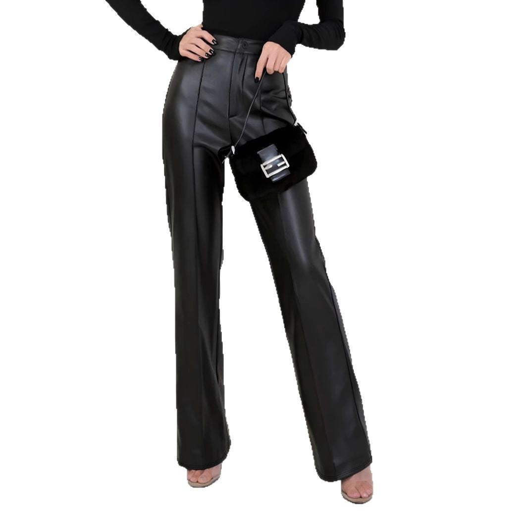 Women's Elegant High-Waist Faux Leather Wide-Leg Trousers