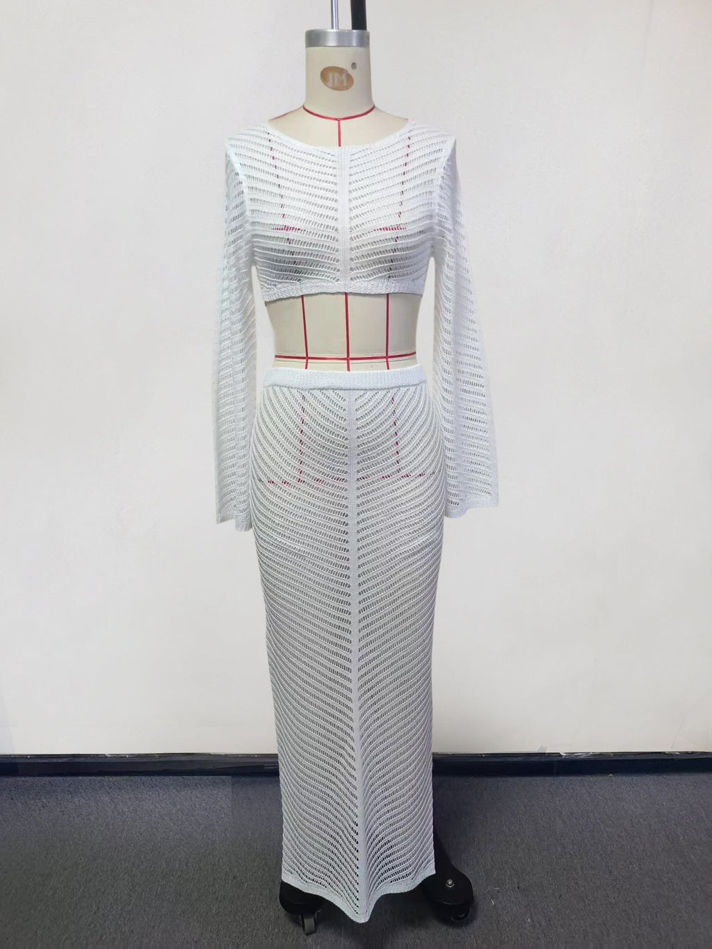 Women's Elegant Crocheted Set with Long-Sleeve Crop Top and Figure-Hugging Skirt