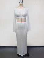 Women's Elegant Crocheted Set with Long-Sleeve Crop Top and Figure-Hugging Skirt