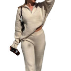 Women's Casual Knit Ensemble with High Collar and Side Zipper