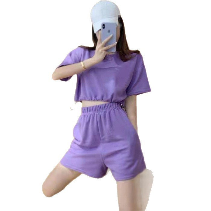 Women's Casual Suit with Round Neckline and Elastic Waistband