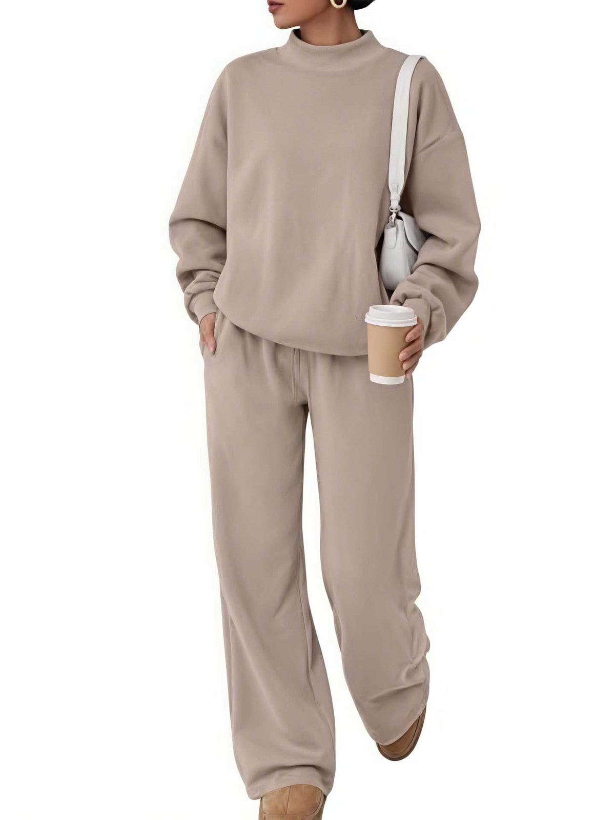 Women's Casual Lounge Set with High Stand-Up Collar and Loose Sweatpants